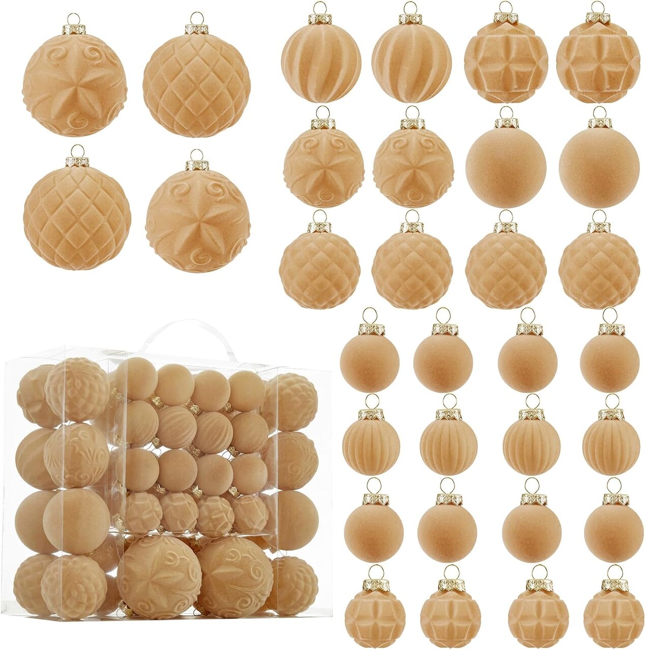 Velvet Christmas Ball Ornaments - 46pcs Flocked Christmas Tree Decorations Set Assorted Shatterproof Hanging Ornaments with Loop for Xmas Holiday Home Decor, 3 Sizes (Champagne)